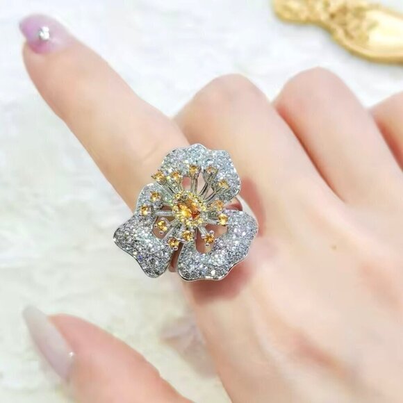 NWT Flower Cocktail Ring S925 Sterling Silver CZ Open Adjustable Feminine Chic - Picture 10 of 13